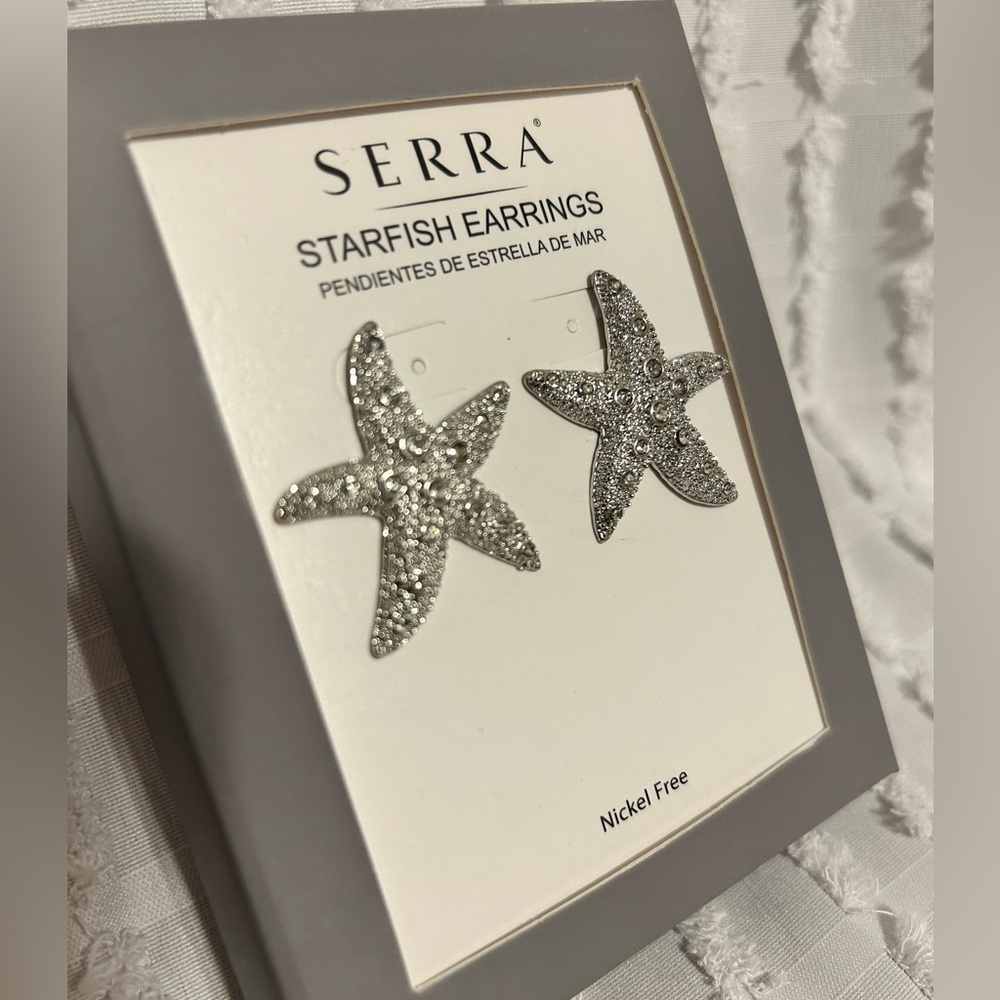 Serra Starfish Earrings Silver Tone Rhinestone Nautical Studs Nickel Free NEW